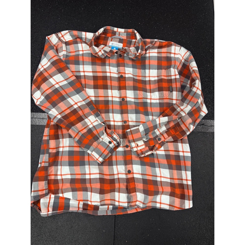 Columbia Mens XXL Plaid Button Down Shirt Long Sleeve Orange Grey Outdoor hije